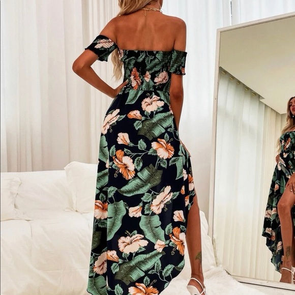 Tropical print gorgeous cold shoulder wrap dress medium green - Picture 3 of 3